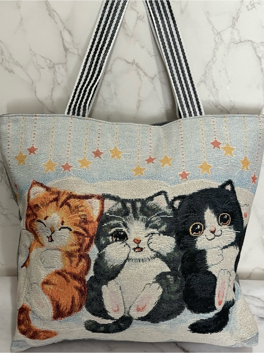 Cat-Themed Tote Bag with Striped Handles